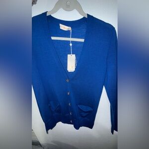 NWT Tory Burch Madeline Merino Wool Cardigan Grand Marina blue. Size Small